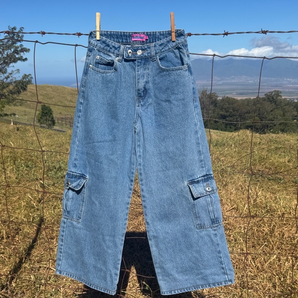 Edikted Deliah Denim Jeans Y2k Grunge Blue Cargo Wide leg Jeans XS - Picture 7 of 8
